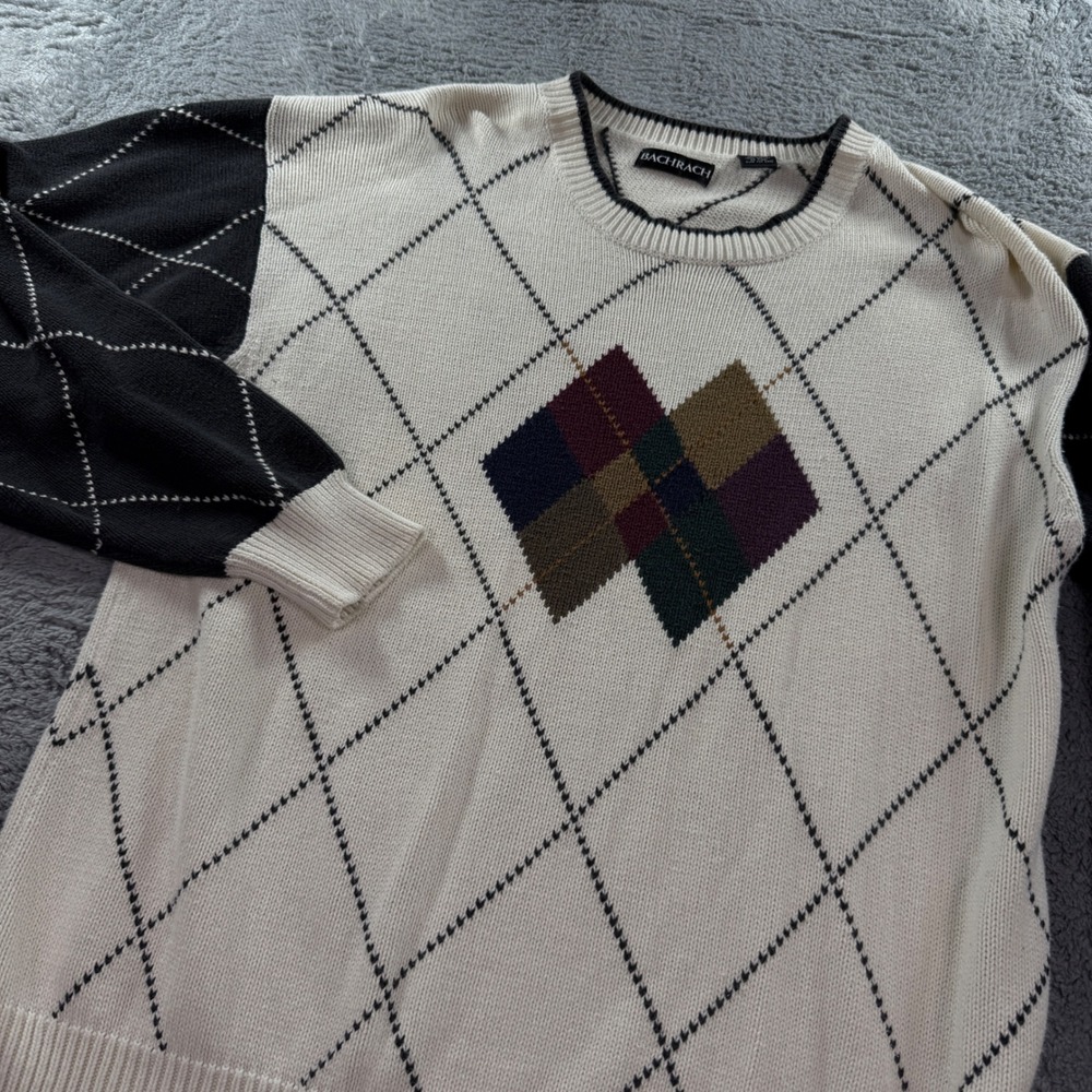 Bachrach Mens XL Vintage Argyle Cotton Knit Crewneck Sweater Cream Black Multi
